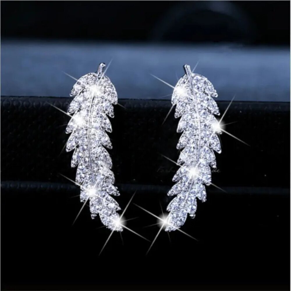 NEW Pair of ear climber earrings, leaf earrings, silver feather stud earrings